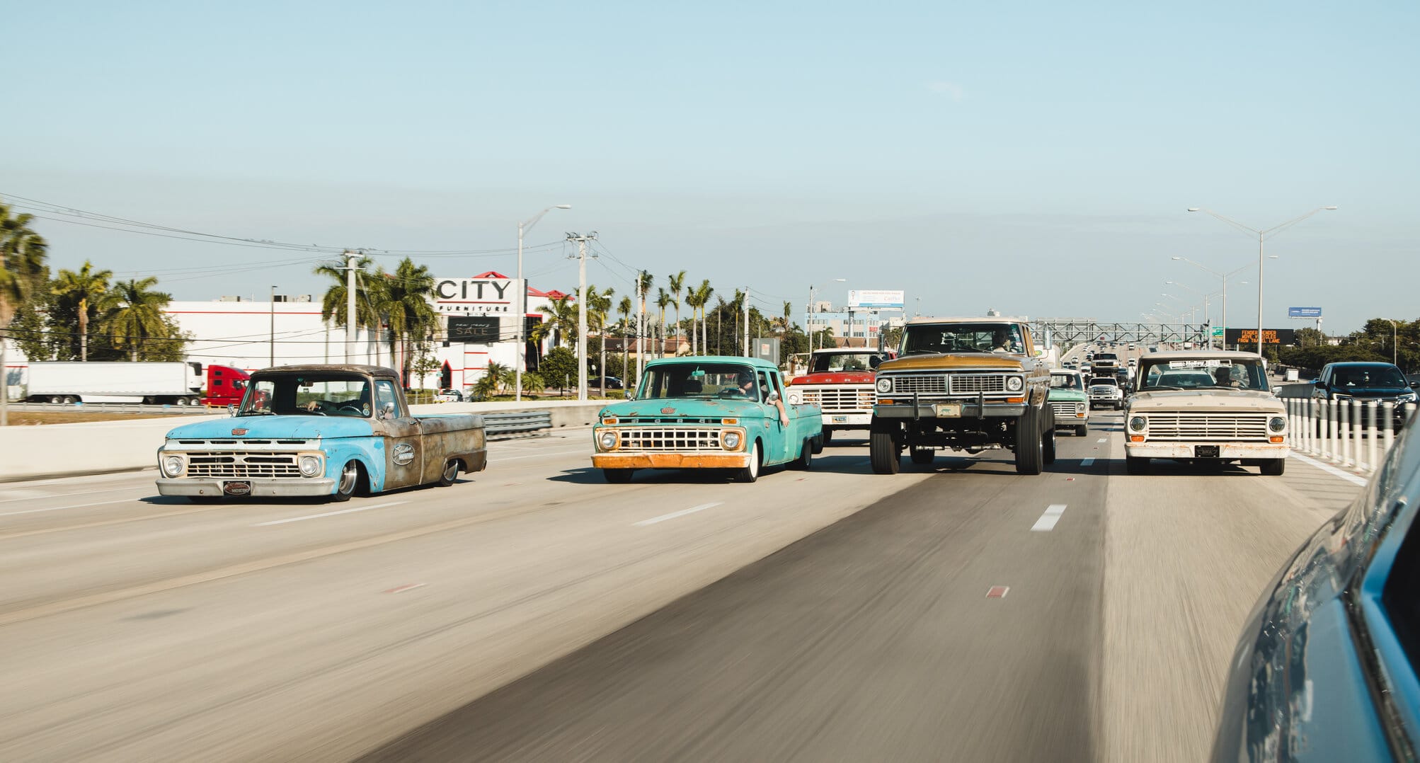 A convoy of classic trucks driving down a palm-lined highway